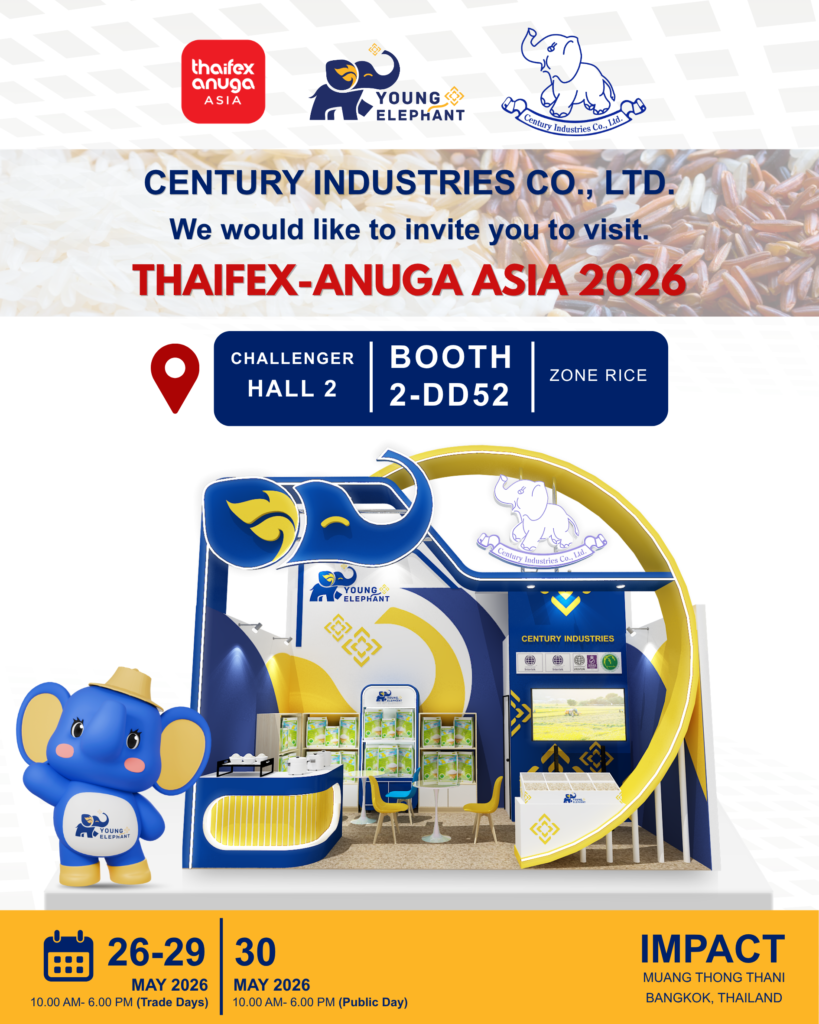 Promotional banner for Thaifex-Anuga Asia 2026 inviting visitors to Century Industries booth 2-DD52, Zone Rice, Challenger Hall 2.