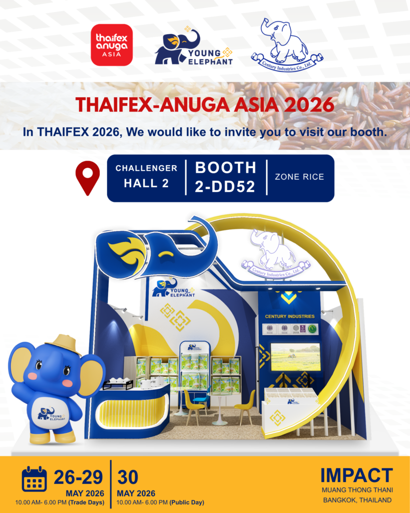 Promotional banner for THAIFEX-ANUGA ASIA 2026 with logos and a blue-yellow trade booth, announcing CHALLENGER Hall 2, Booth 2-DD52 in Zone Rice featuring an elephant mascot.